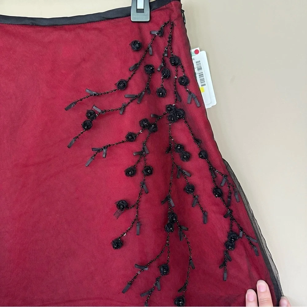 NWT Whimsigoth Skirt Y2K Women 10 Beaded Red Black Tulle Aline Dark Fairy Silk